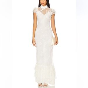 Sau Lee Lace Ruffle Bridal Maxi Dress